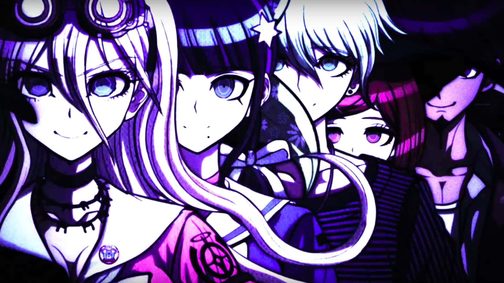 En gruppe anime-karakterer med lilla lys Wallpaper