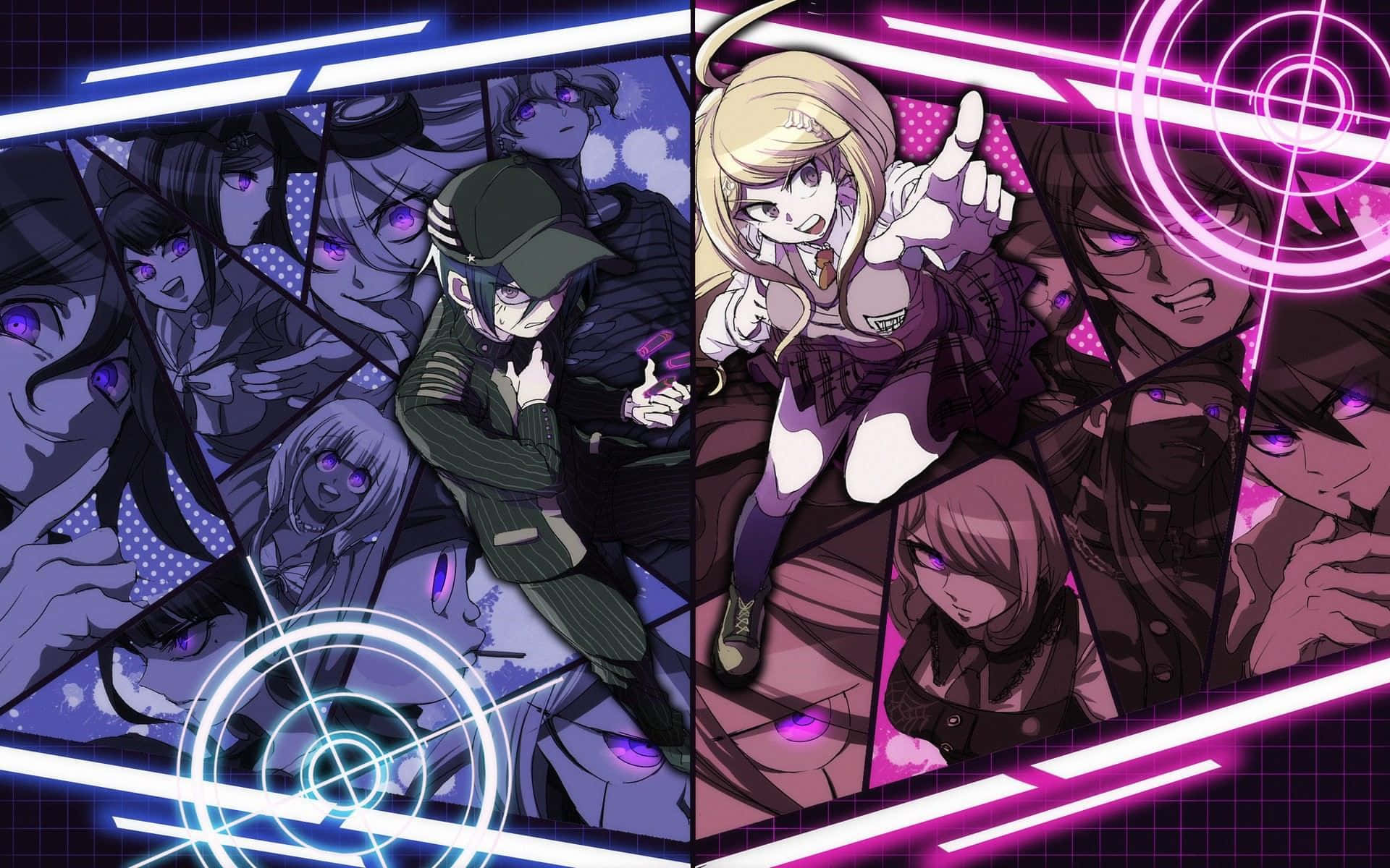 En gruppe anime-karakterer på et lilla og neon baggrund. Wallpaper
