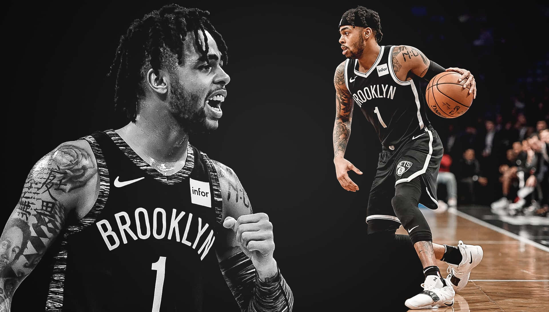 En Brooklyn Nets-spiller med tatoveringer og en bold Wallpaper