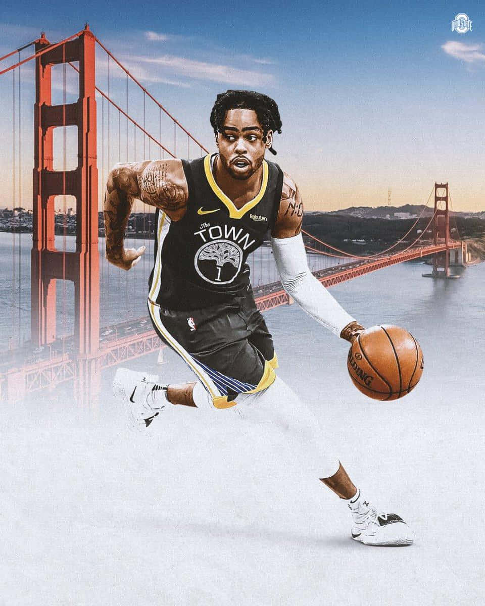 A Basketball Player Is Running In Front Of The Golden Gate Bridge Wallpaper