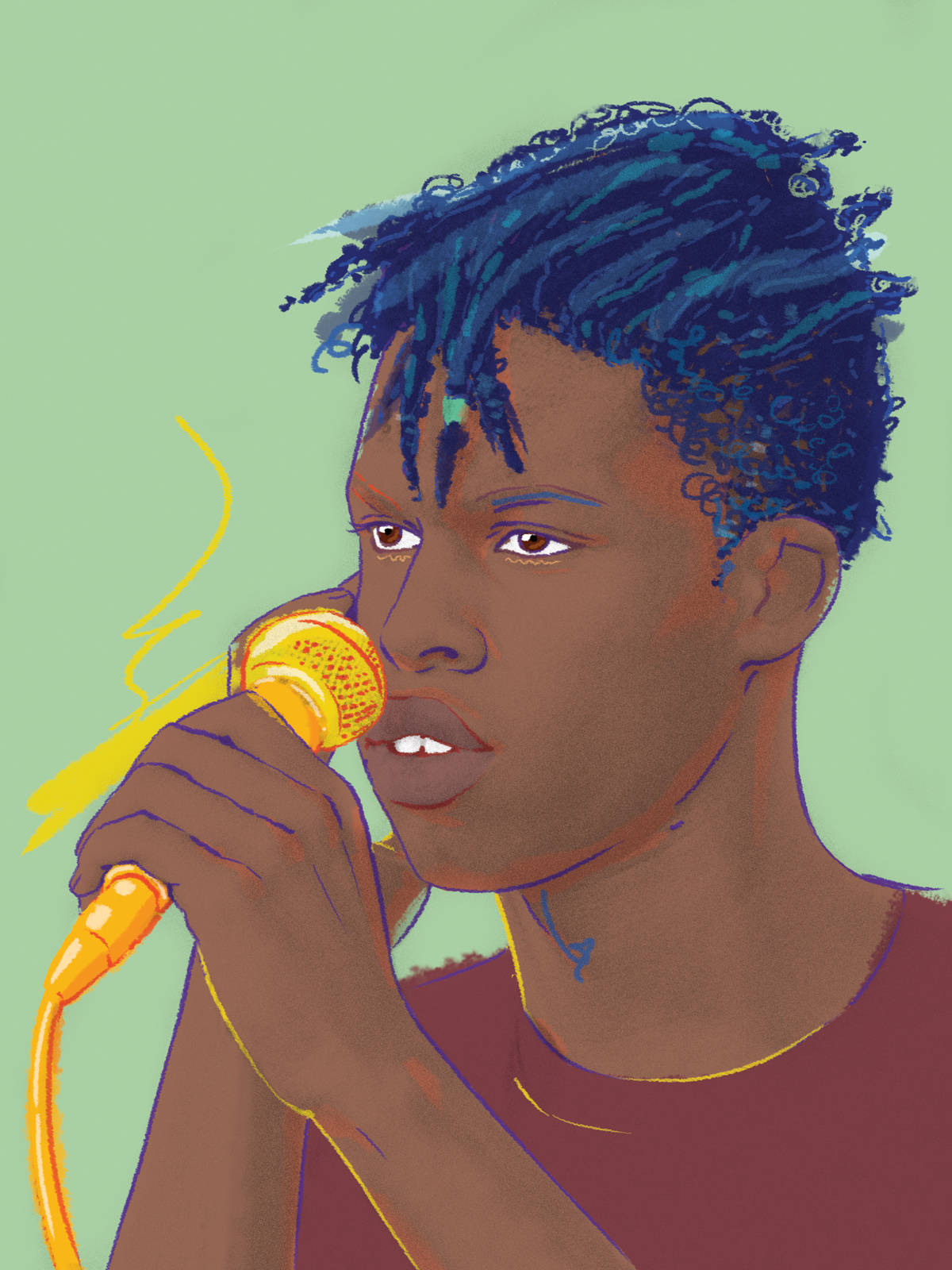Daniel Caesar Digital Painting Wallpaper — A stylized portrait of a young Black man with blue curly hair singing into a golden microphone against a mint green background.