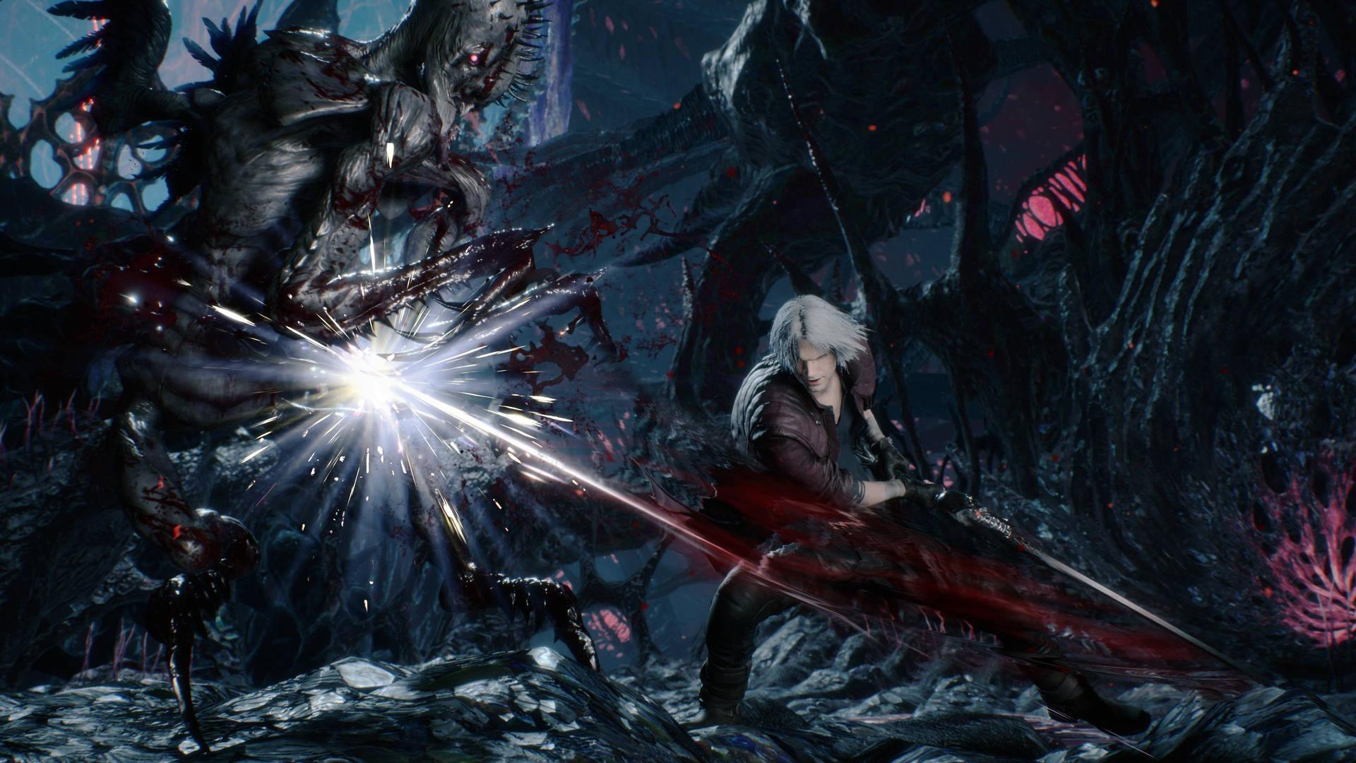 Dante using the Devil Sword Sparda to fight off the demons in Devil May Cry 5. Wallpaper