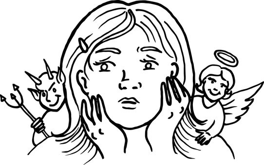 Une femme avec un ange à côté d'elle dans un style d'art linéaire noir.