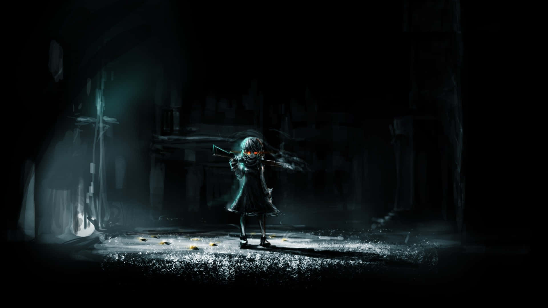 Mørk æstetisk anime-pige med rifle Wallpaper