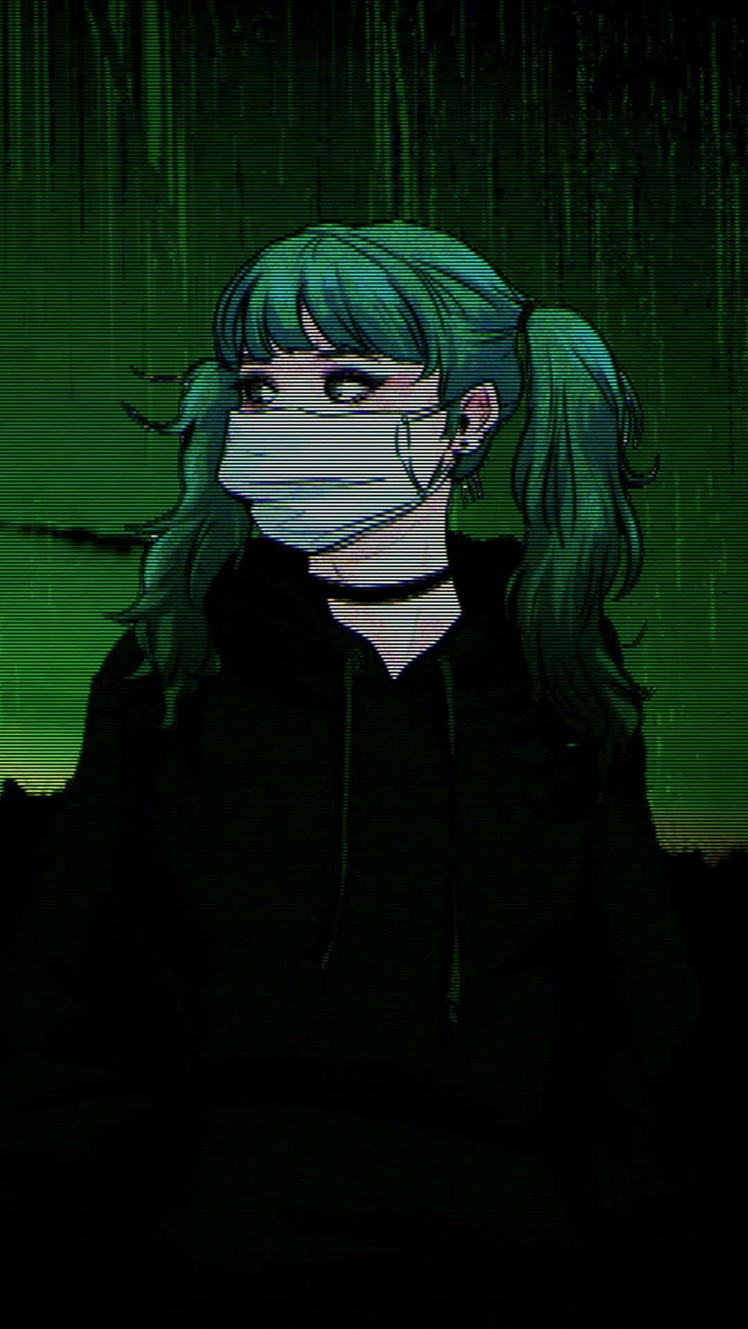Dark Aesthetic Cartoon Green Hair White Mask Girl Wallpaper