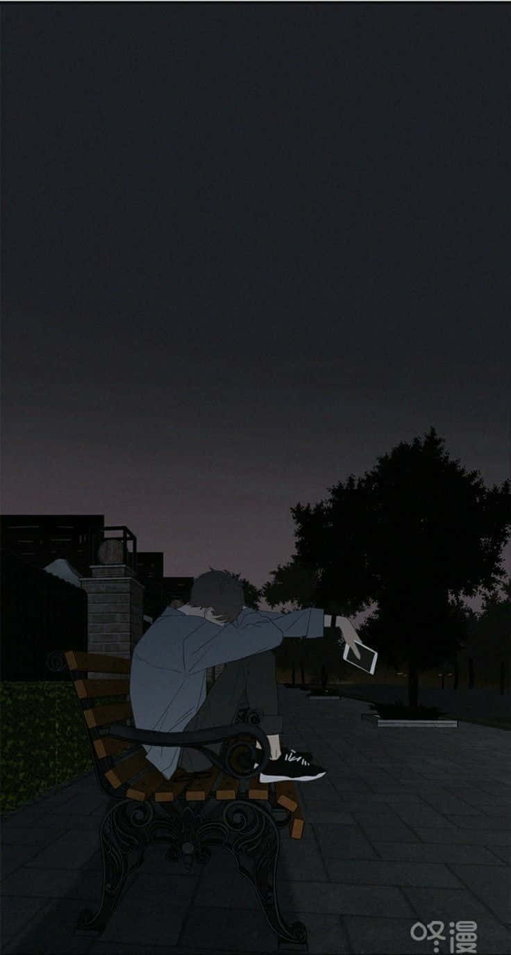 Dark Aesthetic Cartoon Boy Sitting On Bench Wallpaper