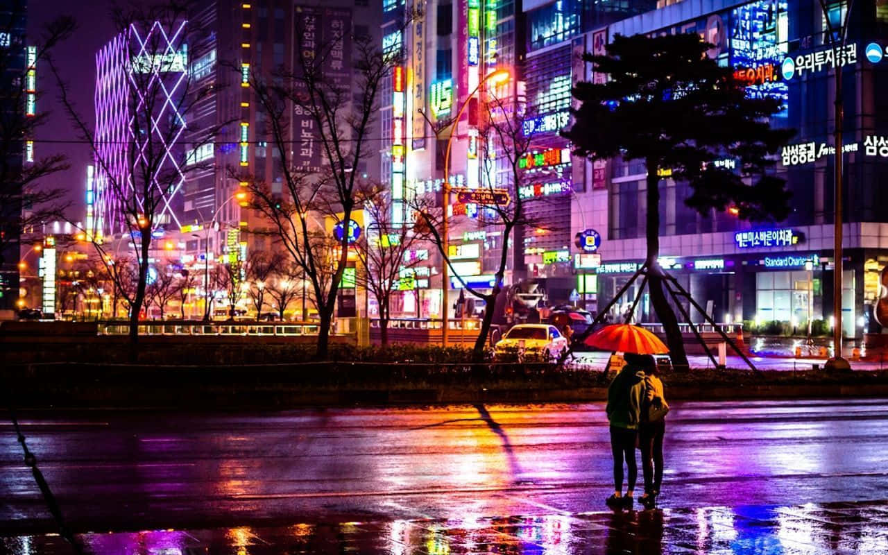Dunklesästhetisches Neonbild Einer Feuchten Stadt