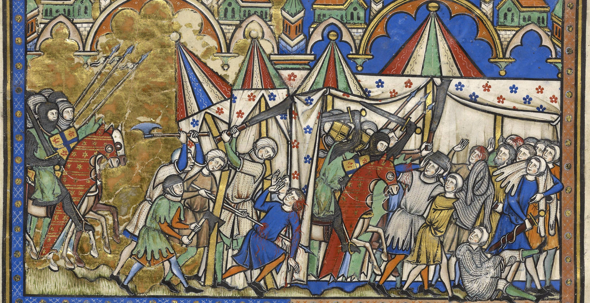 A Medieval Manuscript Showing A Scene Of A Battle Wallpaper