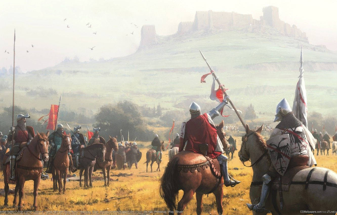 Middelalderlige riddere på heste i et felt af solsikker Wallpaper