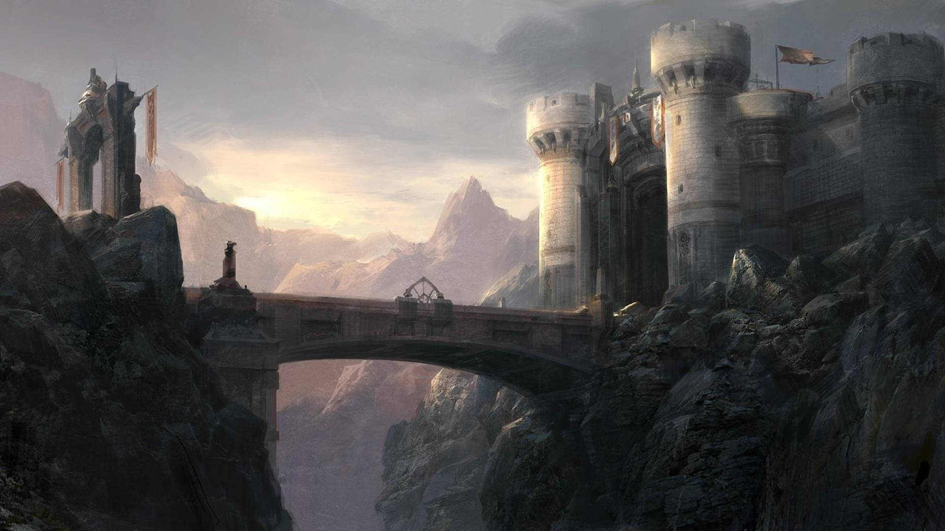 A Castle In The Mountains With A Bridge Wallpaper