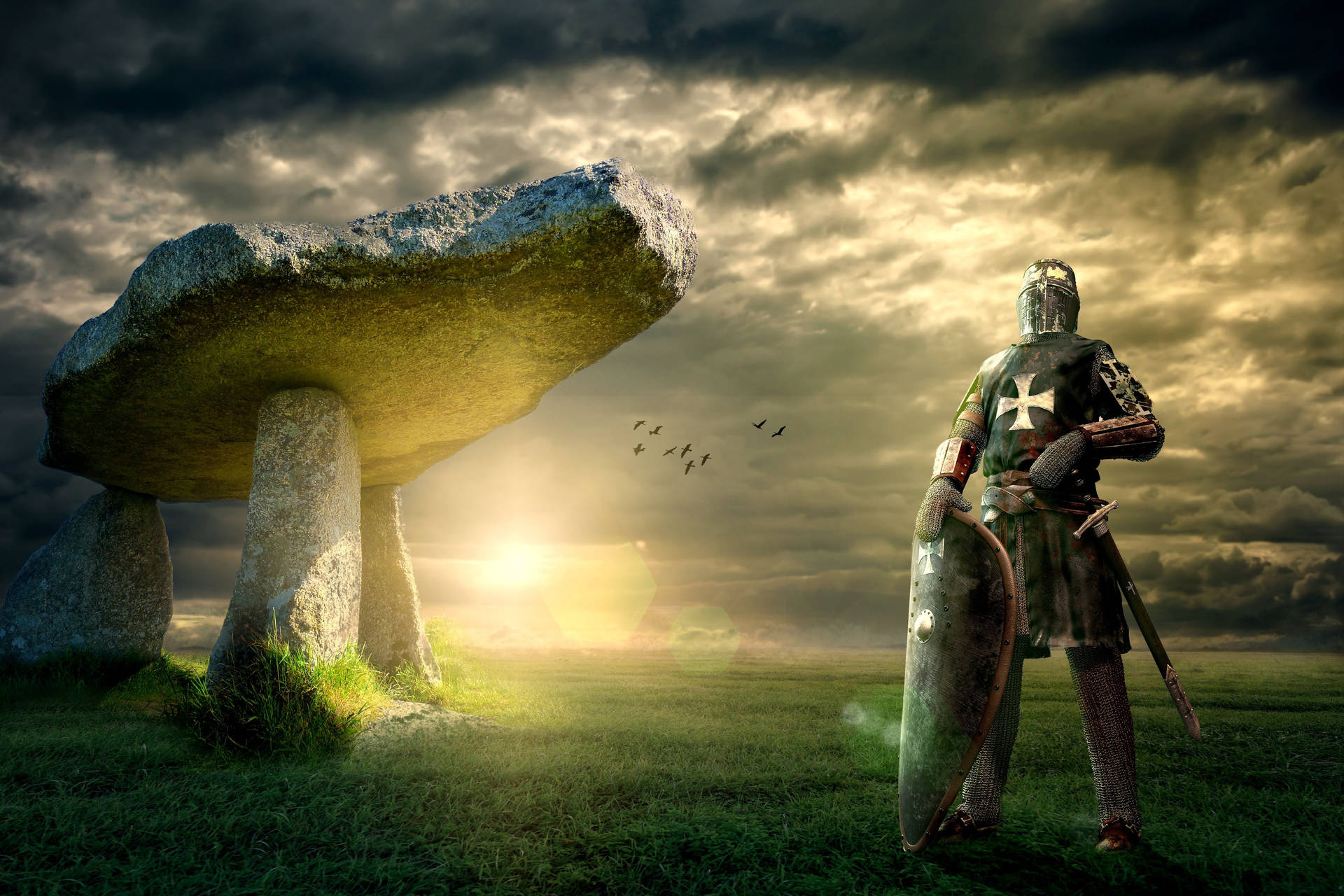 A Knight Standing In Front Of A Stone Wallpaper