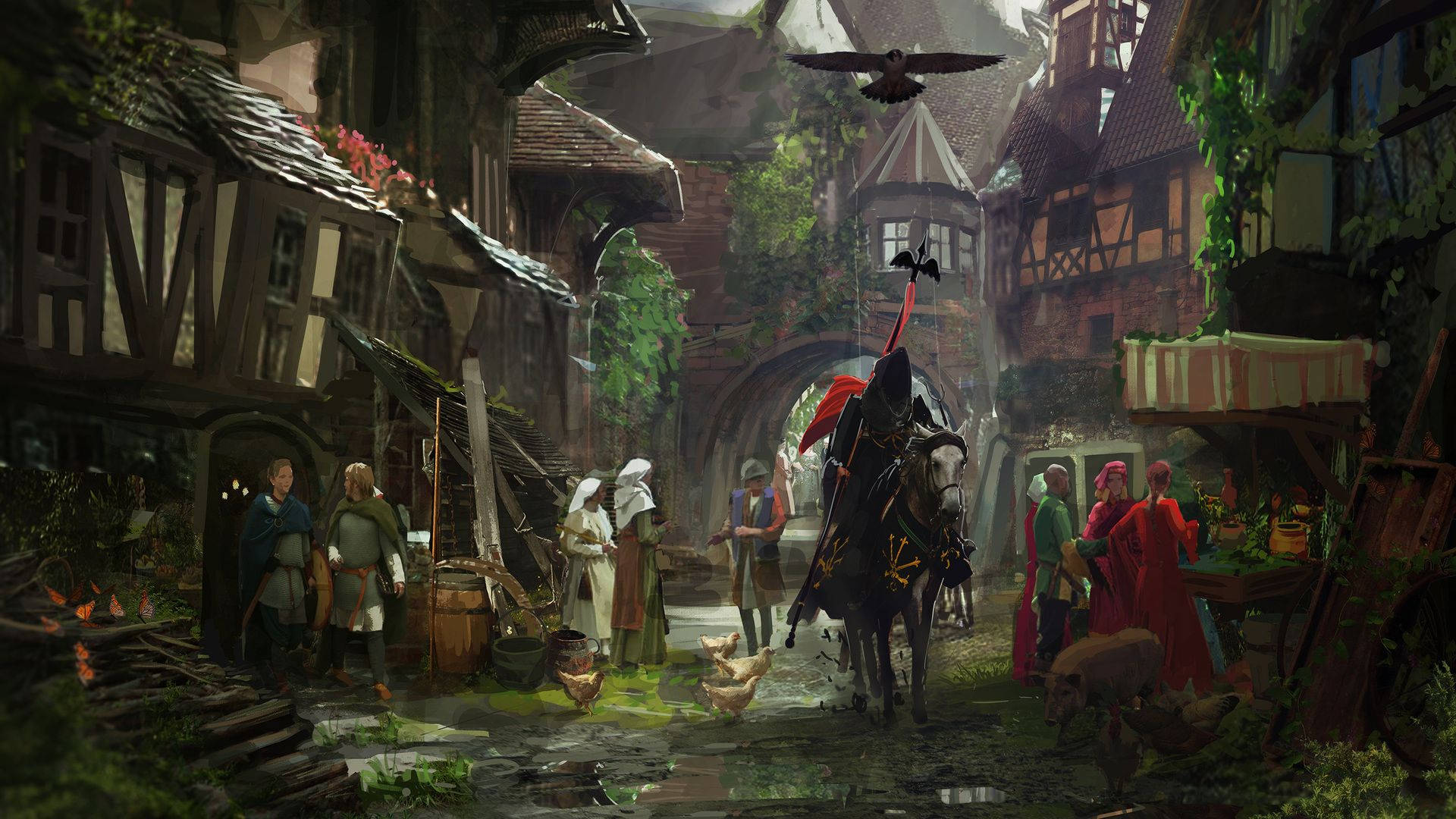 A Painting Of A Medieval Town With People And Horses Wallpaper
