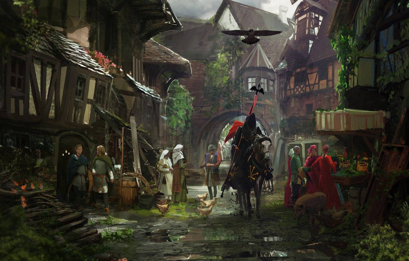 Eingemälde Einer Mittelalterlichen Stadt Mit Menschen Und Pferden Wallpaper