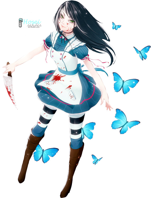 Dark Alicewith Butterfliesand Knife PNG