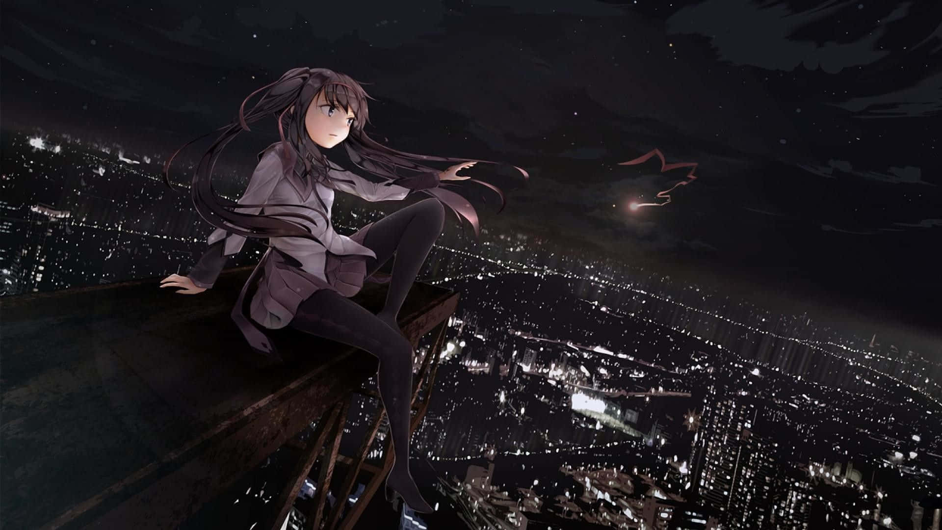 A Girl Sitting On A Ledge At Night Wallpaper