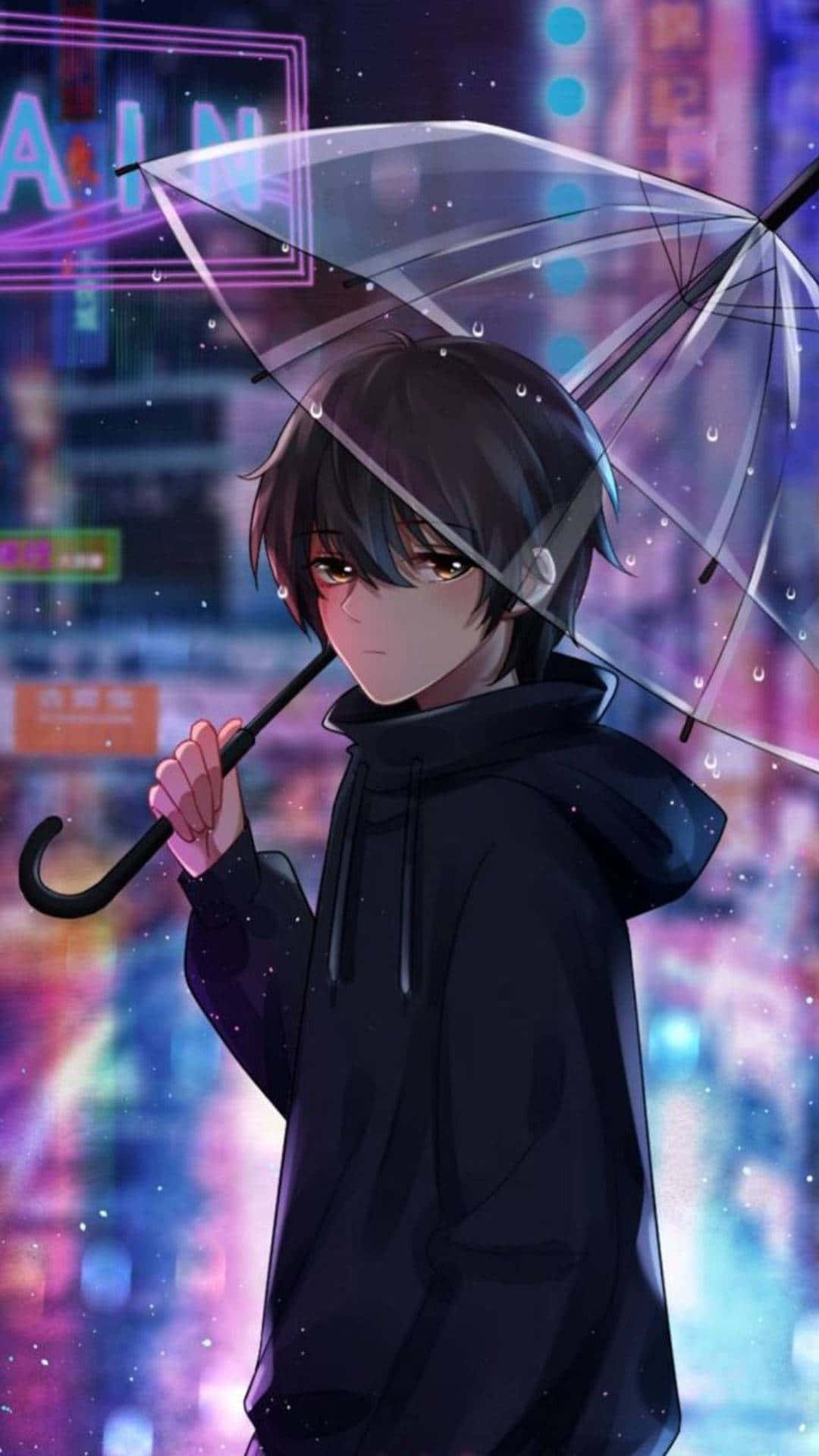 Download “A brooding dark anime boy stands perched on a bridge among the  windswept clouds.” Wallpaper