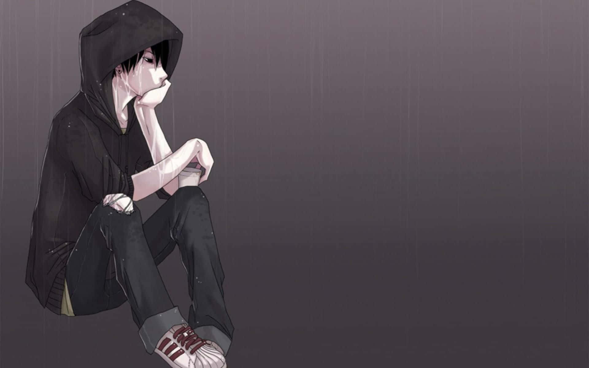 Download “A brooding dark anime boy stands perched on a bridge among the  windswept clouds.” Wallpaper