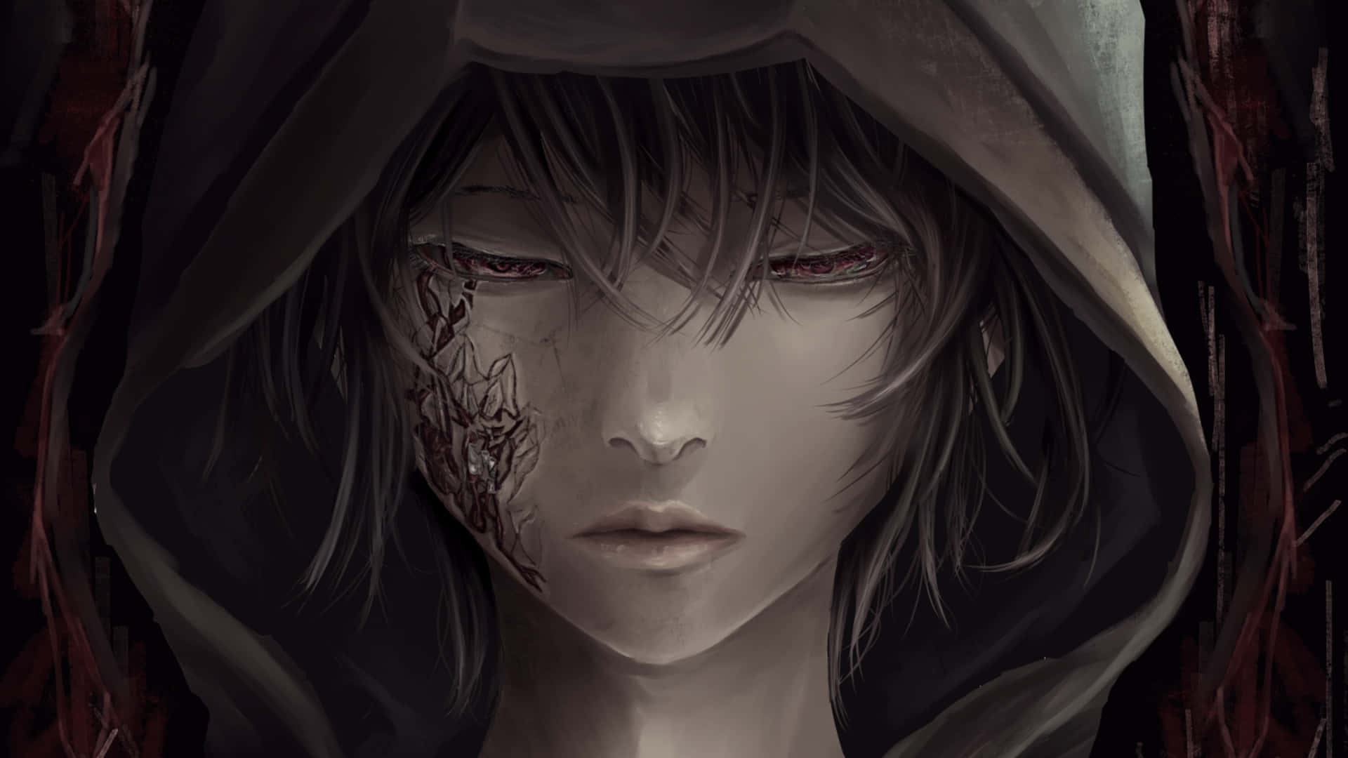An intense dark anime boy with dark hair and menacing blue eyes. Wallpaper
