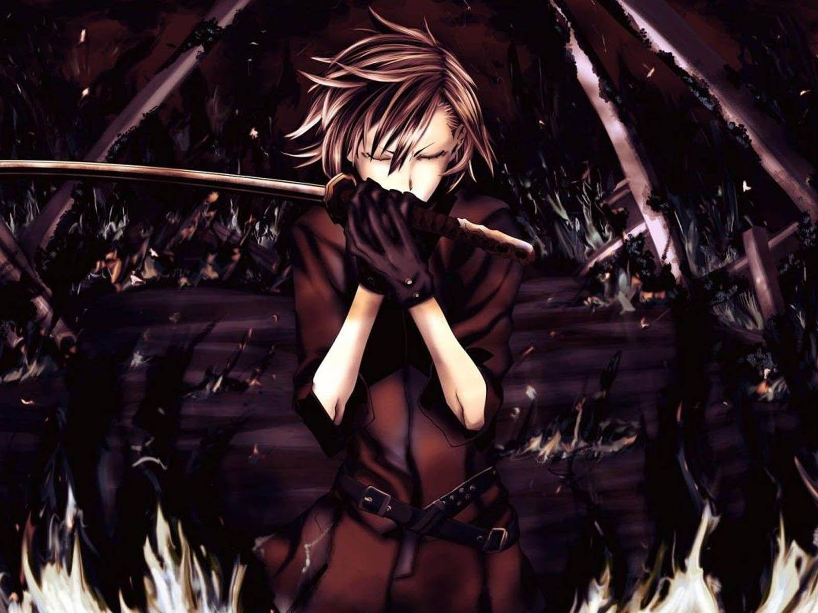Mørk anime cool dreng med et sværd. Wallpaper
