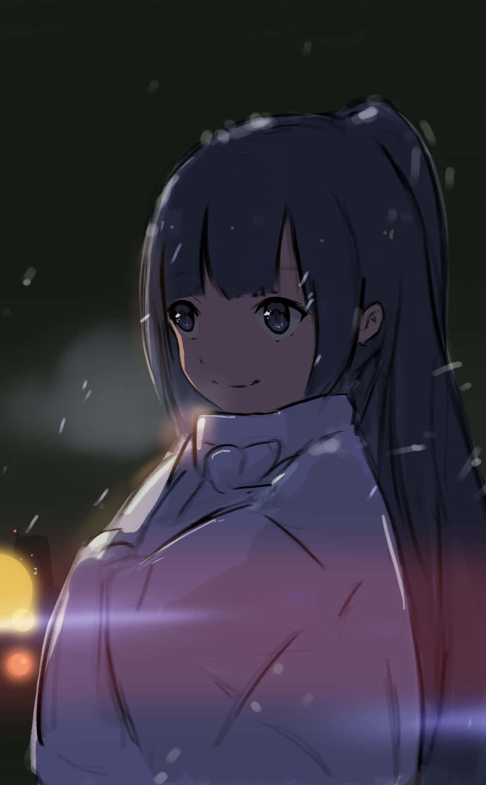 Sort Anime pige står mod en nattehimmel med månelys. Wallpaper