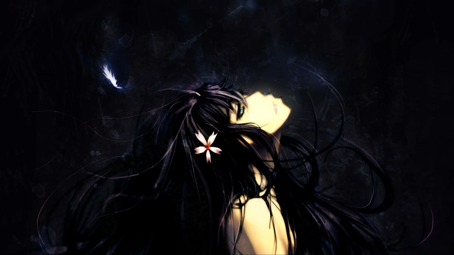 Mysterious dark anime girl gazing into the unknown. Wallpaper