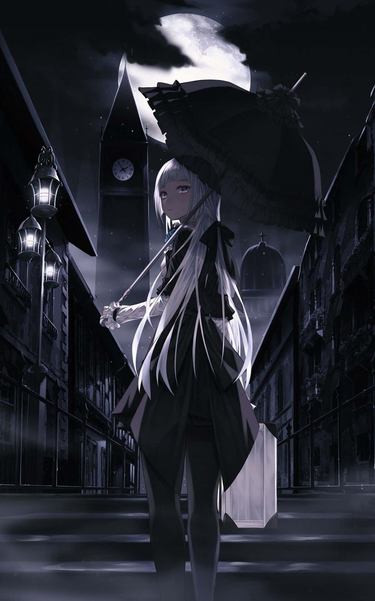 Gothic Anime Girl maler eksploderende stjerner på en mørk himmelblå baggrund. Wallpaper