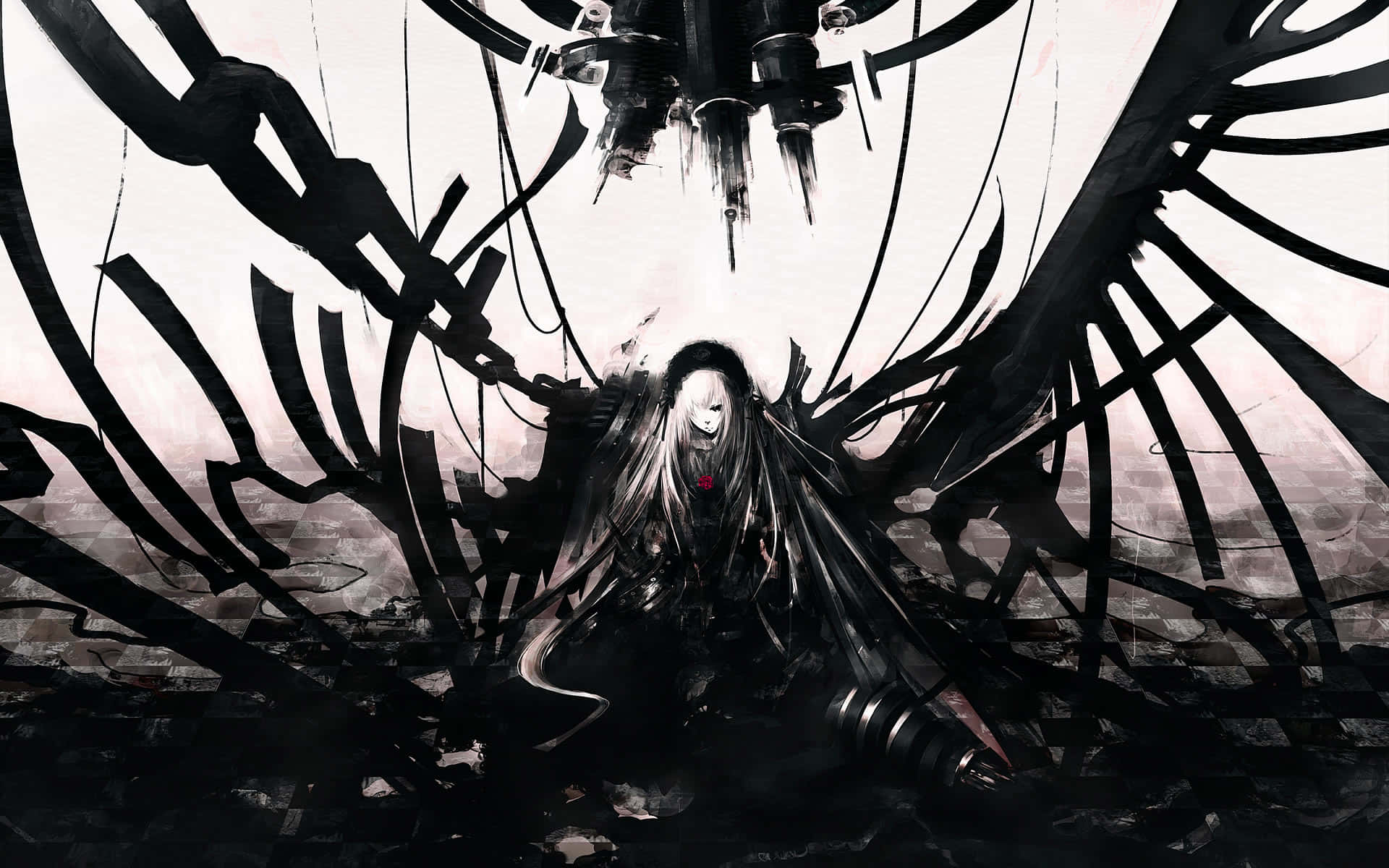 Mørk anime kunstværk skildrer en mystisk og hjemsøgende atmosfære.