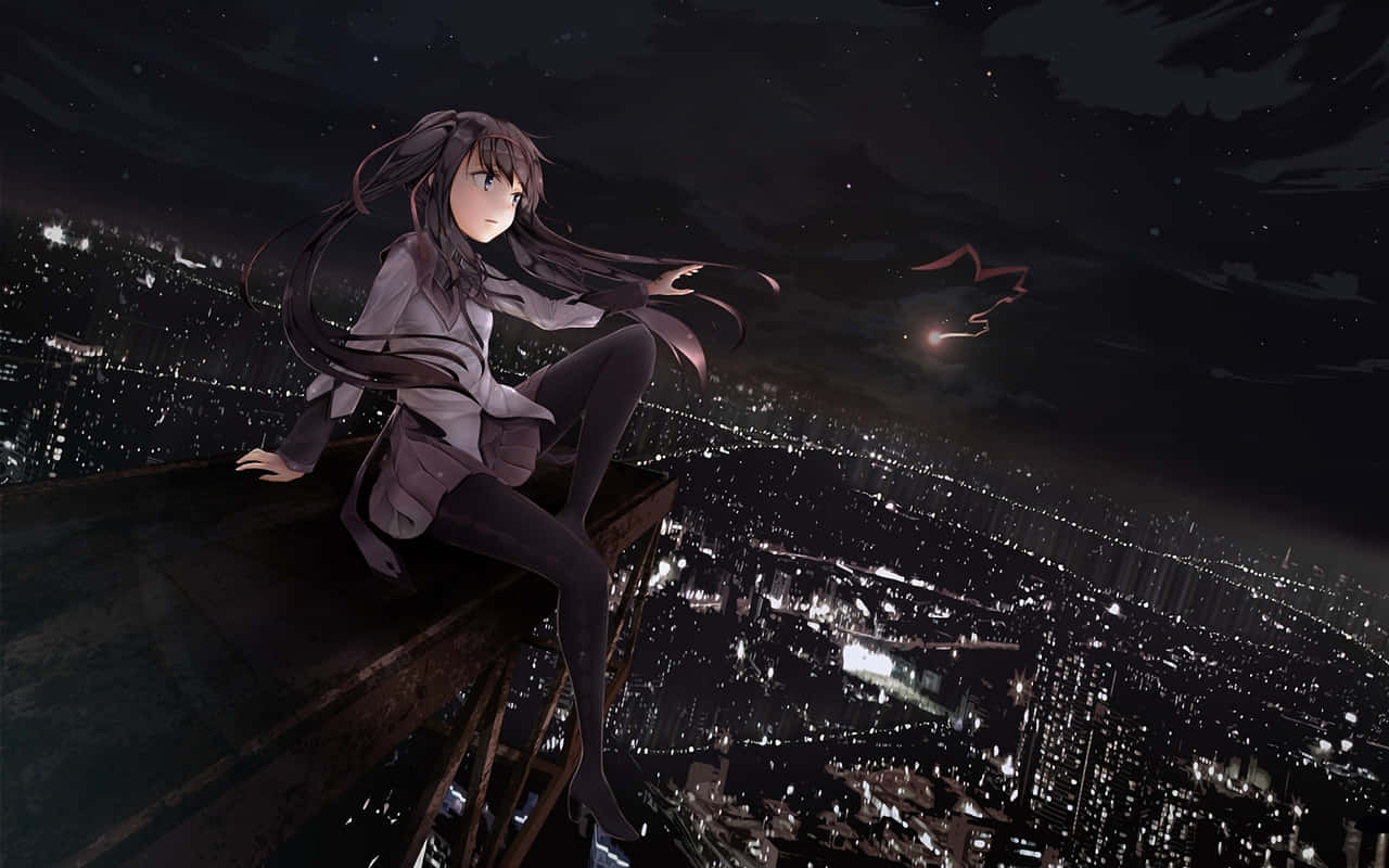 A Girl Sitting On A Ledge Overlooking A City At Night Wallpaper