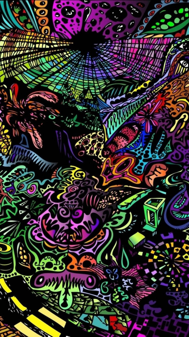 A dark psychedelic wallpaper art with contrasting colors of objects.