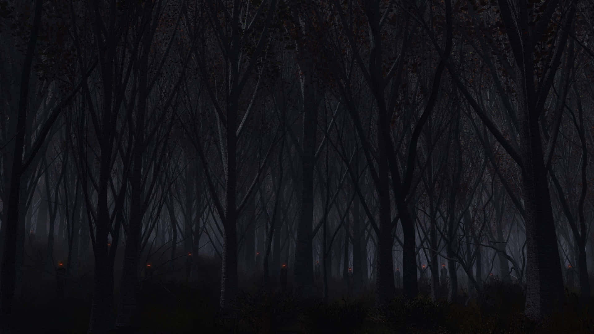 a dark forest with trees and a lamp