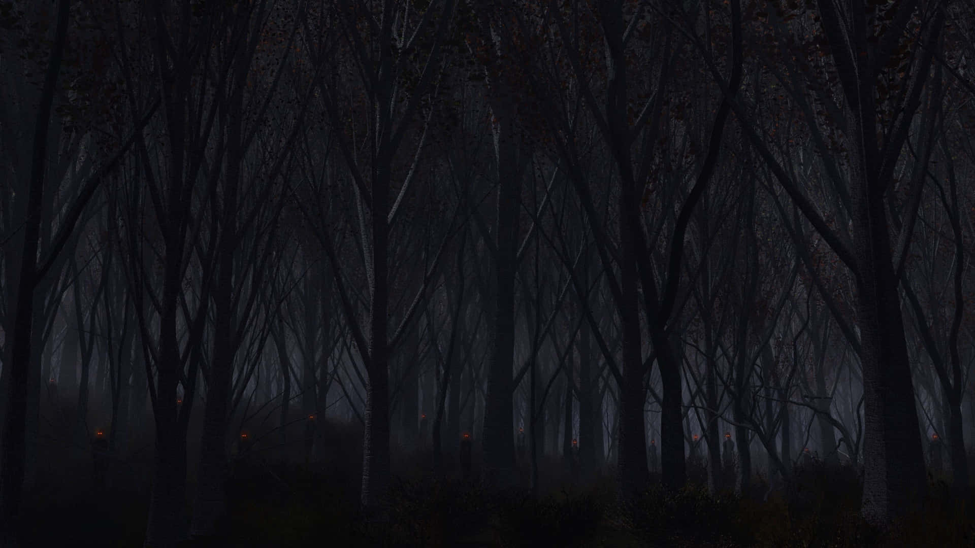a dark forest with trees and a fire