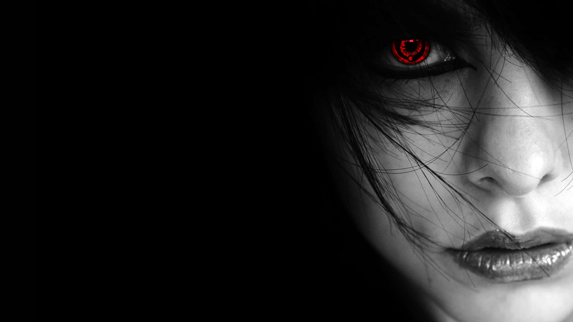 a woman with red eyes and black hair