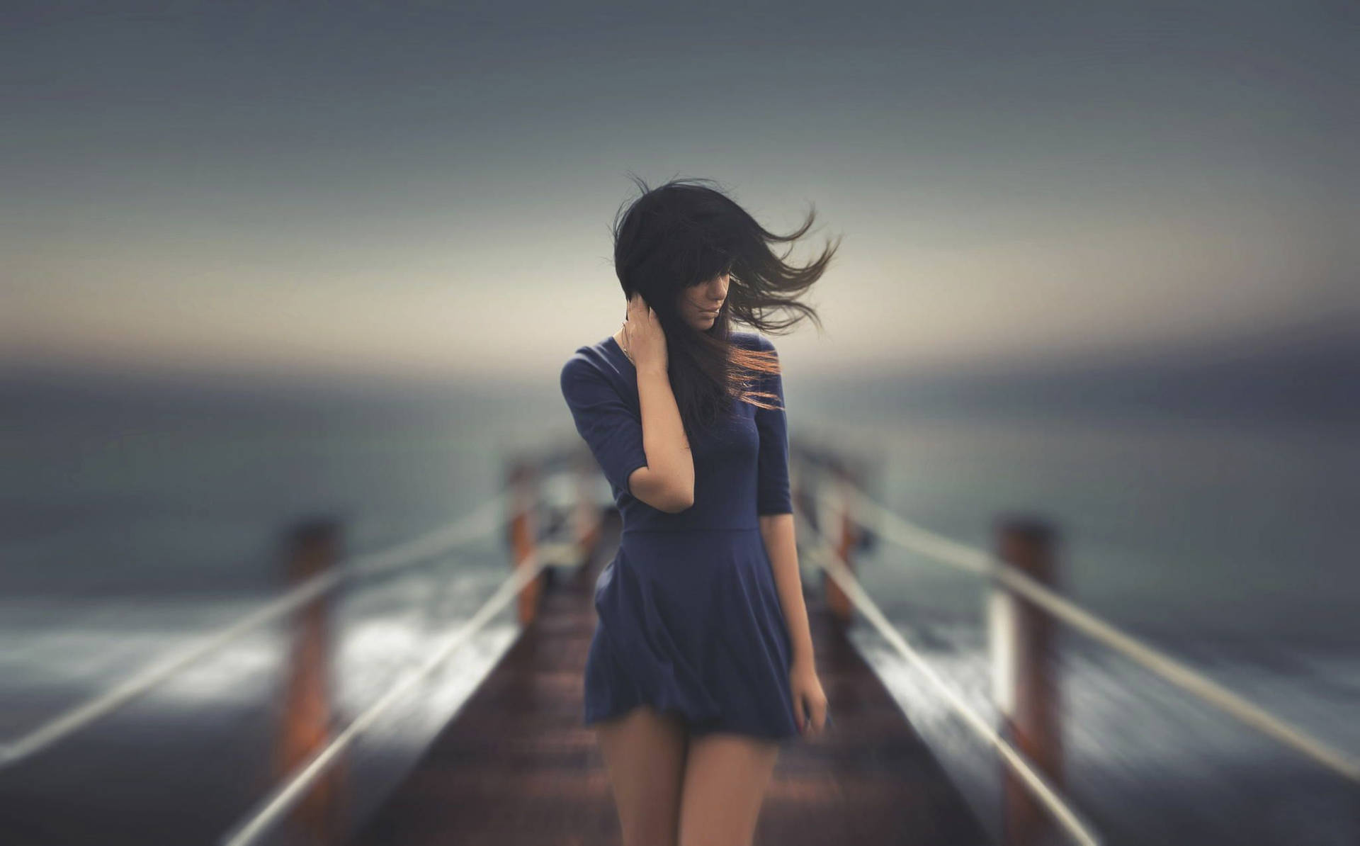 Dark Blue Dress Girl Alone Wallpaper