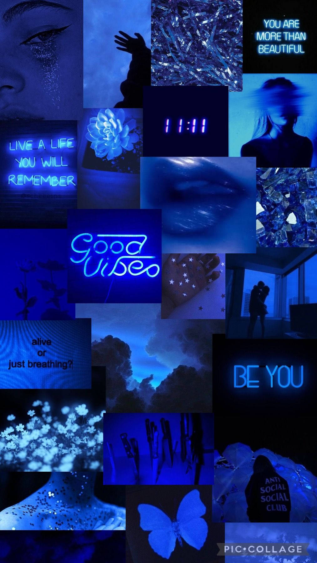 Download A Collage Of Blue Pictures With The Words Good Vibes Wallpaper ...