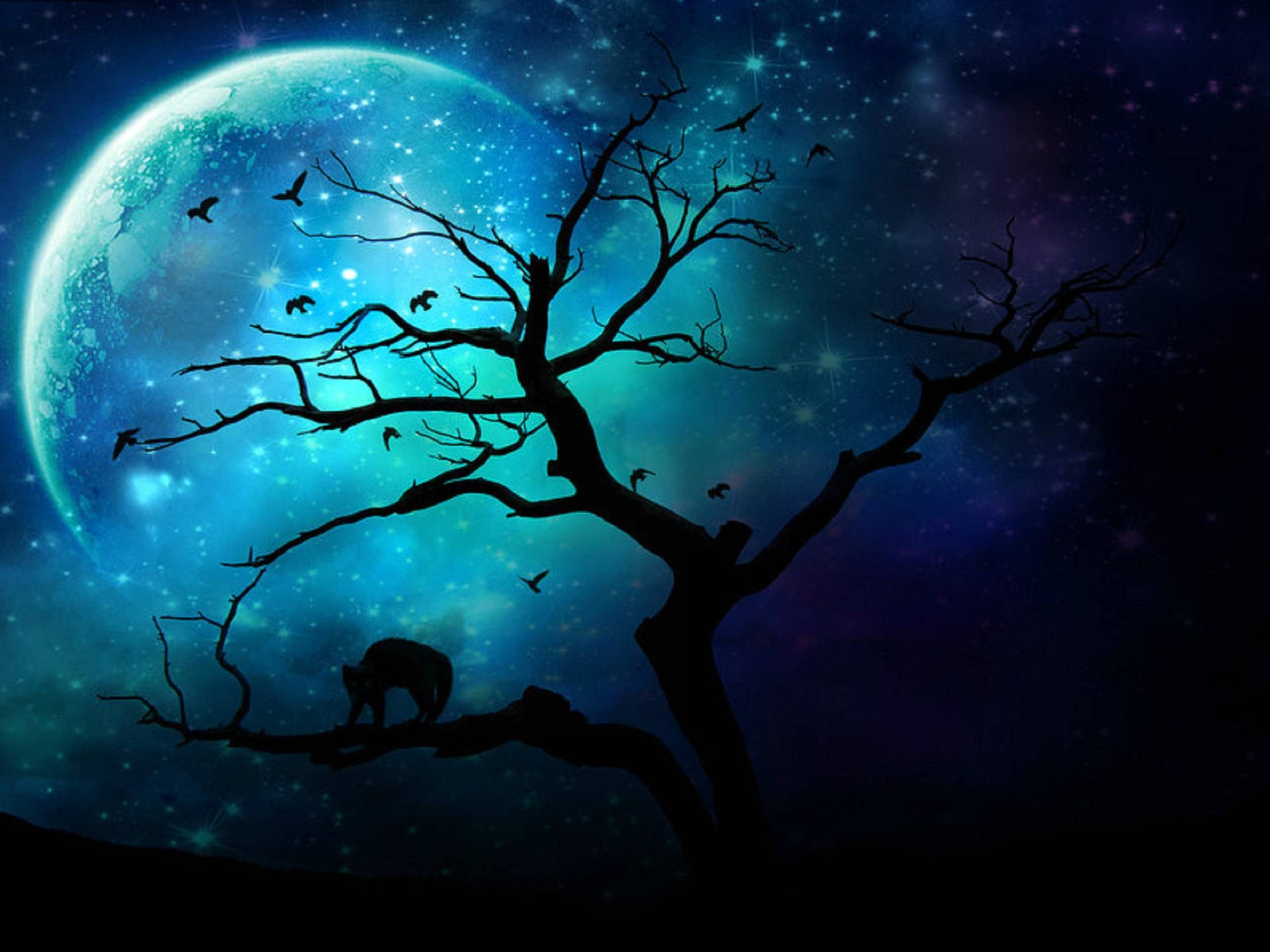 Dark blue moon with black tree branches with flying birds and a scared cat under a magical starry sky.
