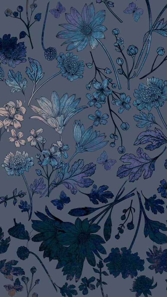 A Blue Floral Pattern On A Gray Background Wallpaper