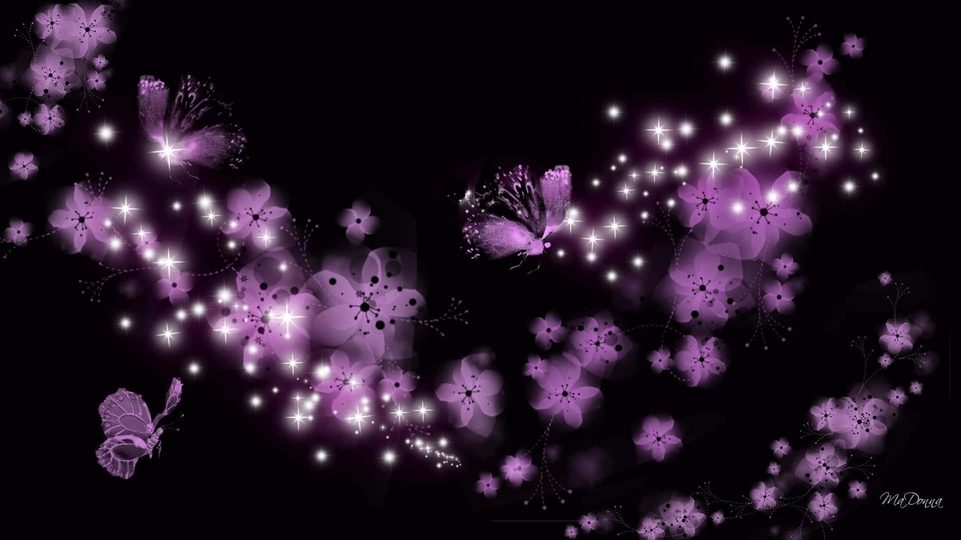 Sparkling Dark Cherry Blossom Flowers With Butterflies Wallpaper