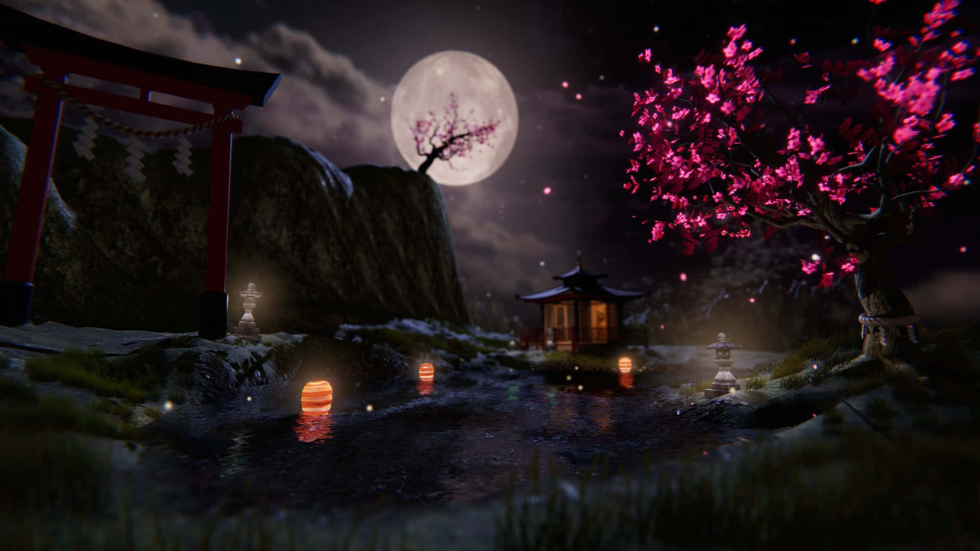 A Night Scene With A Lantern And A Moon Wallpaper