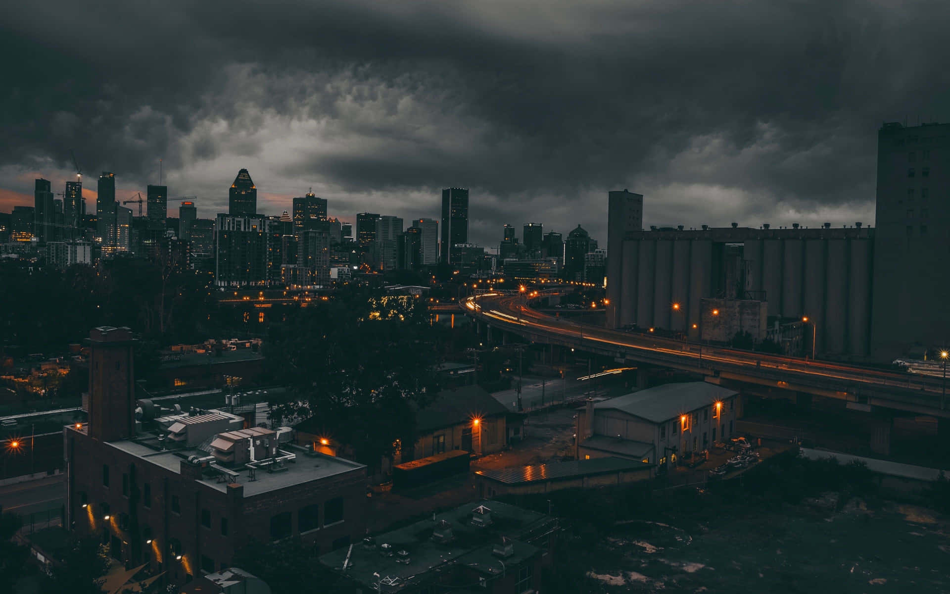 dark cloudy sky over city