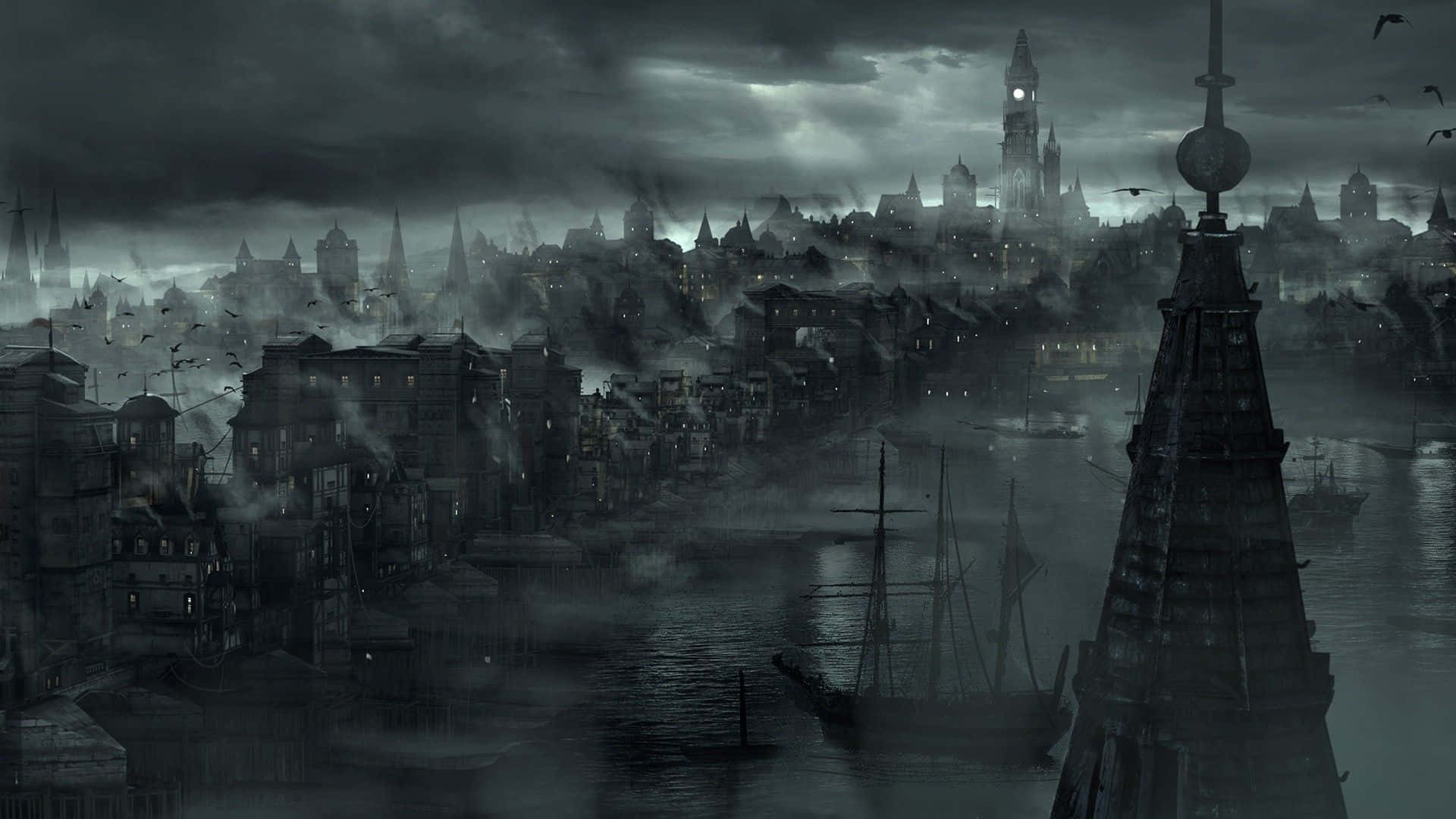 A Dark City With A Lot Of Buildings And Birds