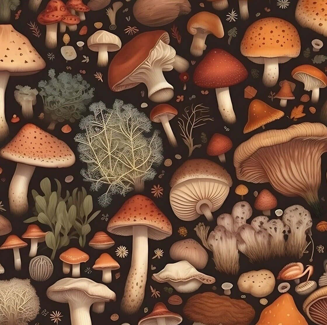 Dark Cottagecore Mushroom Pattern Wallpaper