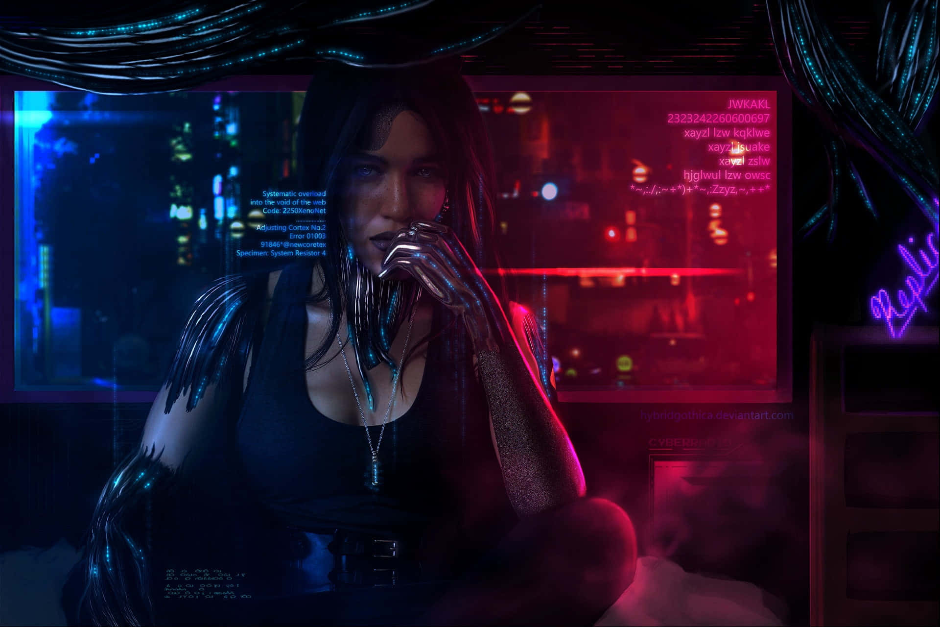 Dark Cyberpunk Cityscape with Neon Lights and Rain Wallpaper