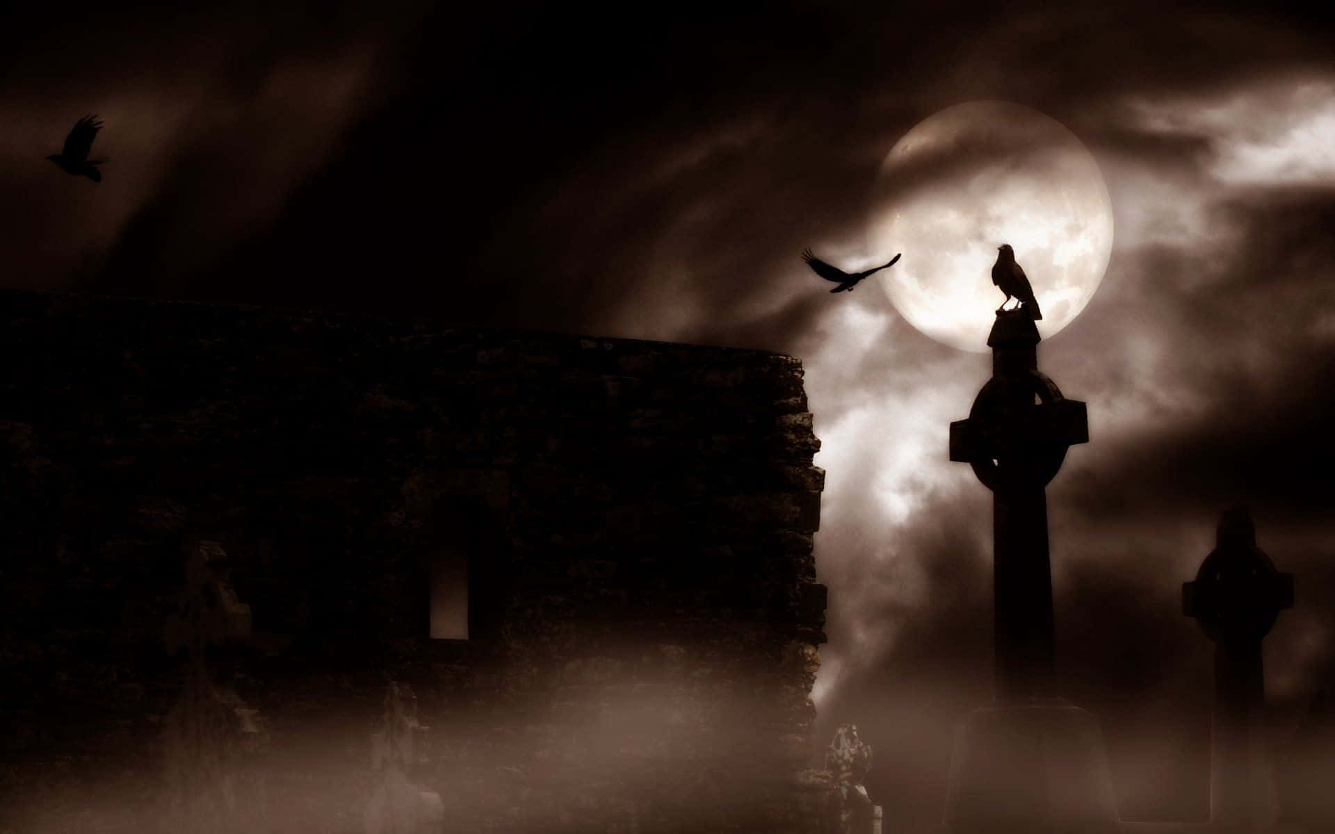Cuervoy Águila Oscuros Y Deprimentes Con Luna Llena. Fondo de pantalla