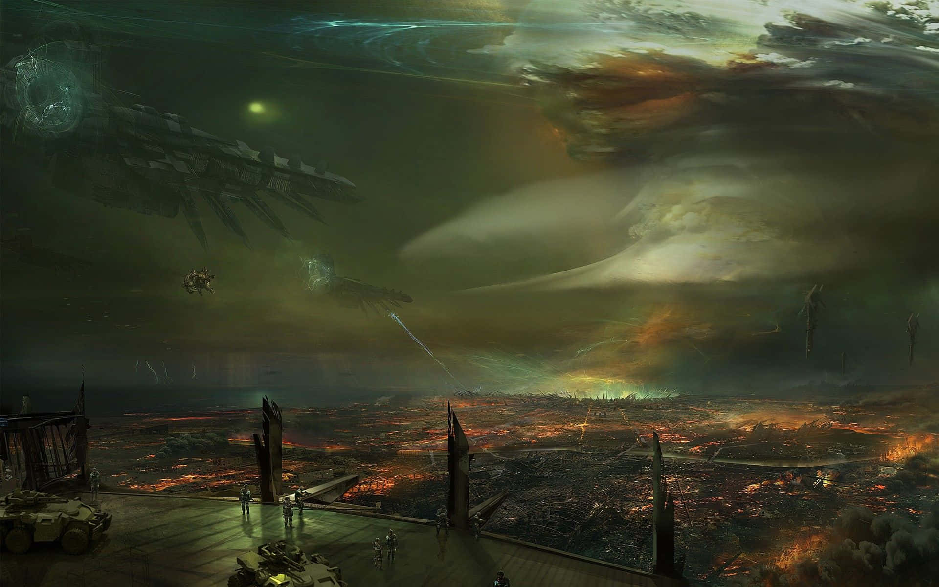 Dark dystopian cityscape with futuristic buildings under stormy sky Wallpaper