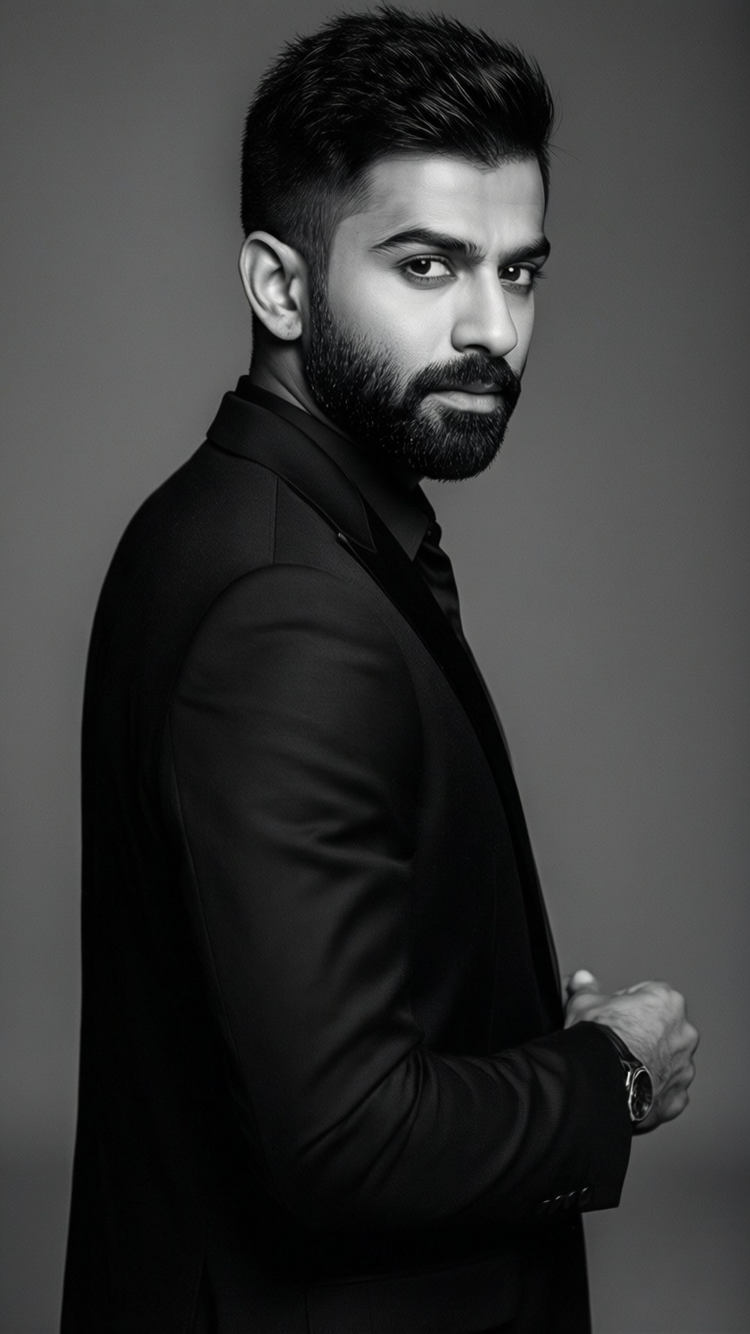 Monokromt portrett av Virat Kohli i svart dress.