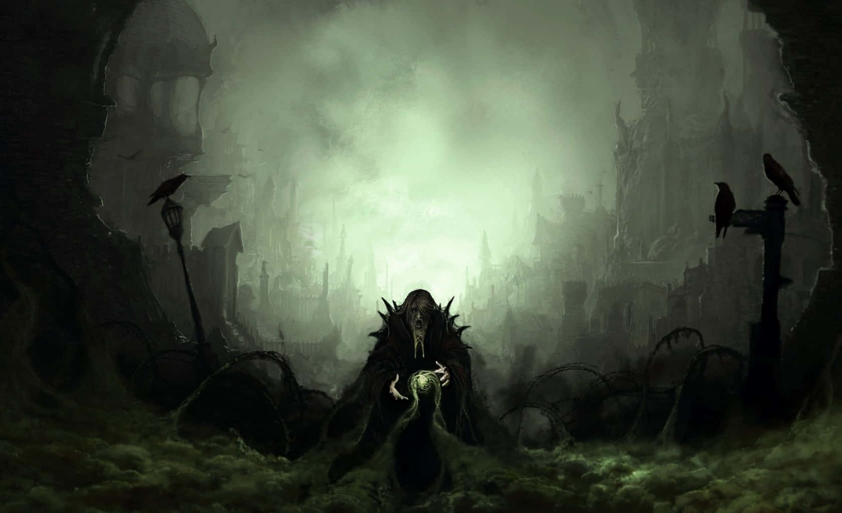 An Epic Journey Through a Mysterious Dark Fantasy Landscape Wallpaper