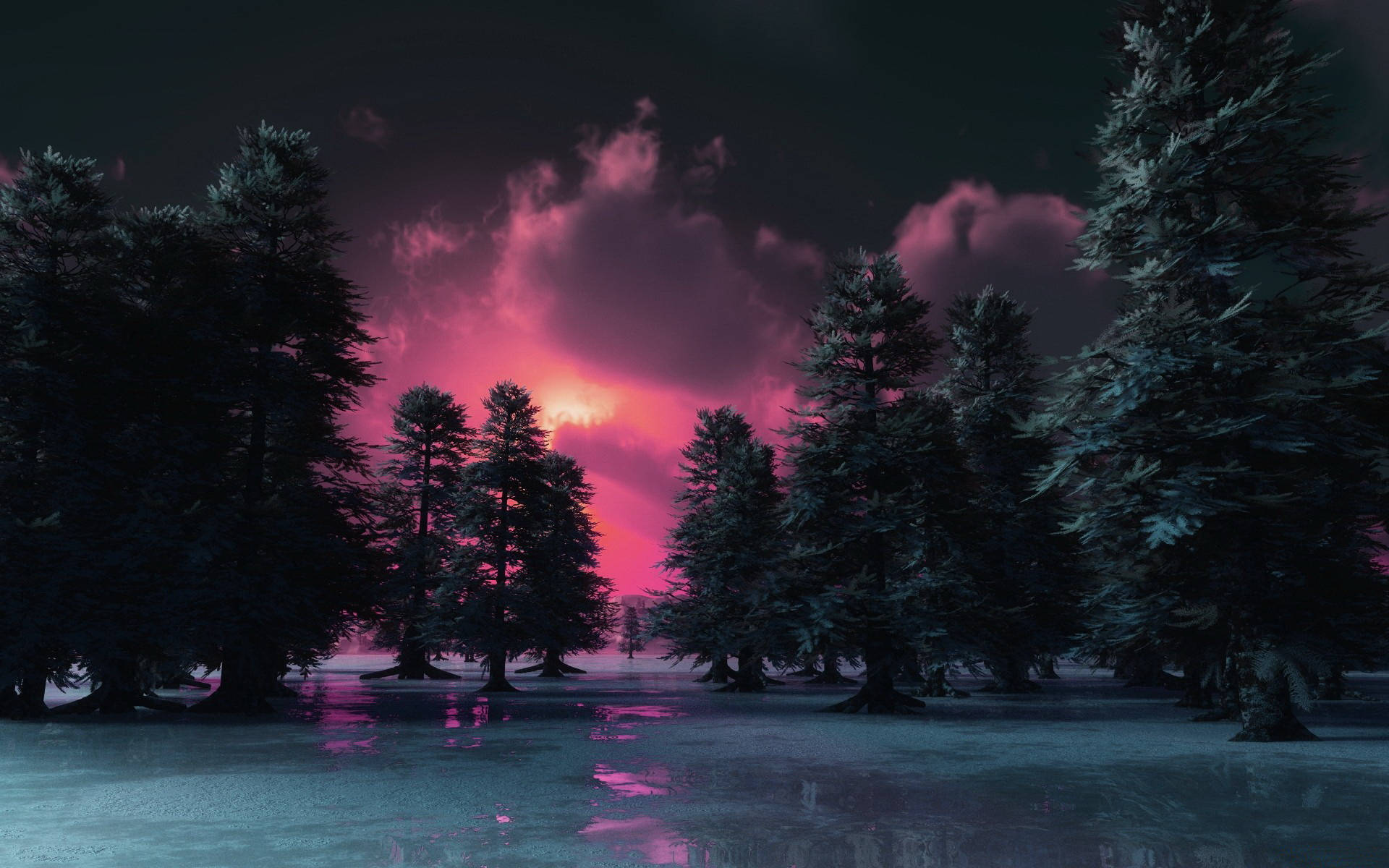Dark Forest Sunset Desktop Wallpaper