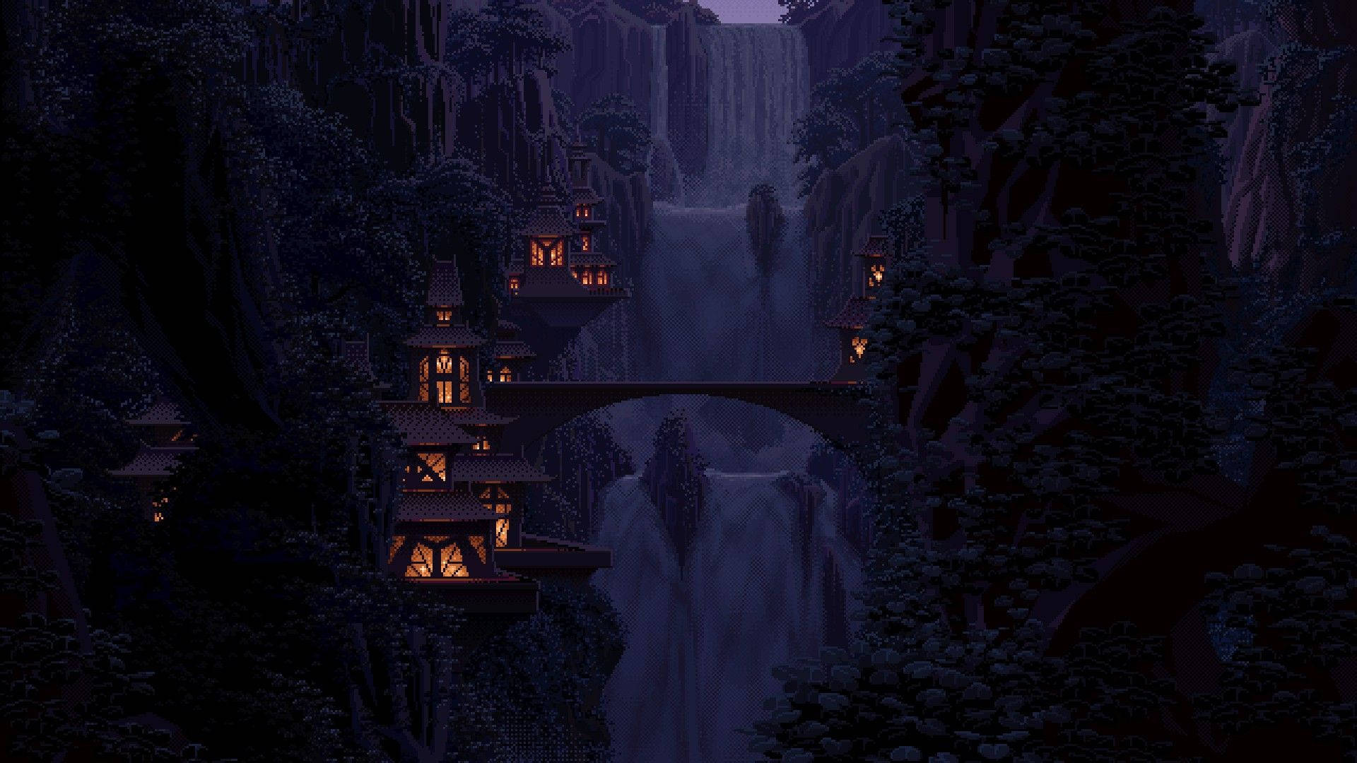 Dark Forest Waterfalls Pixel Art Wallpaper