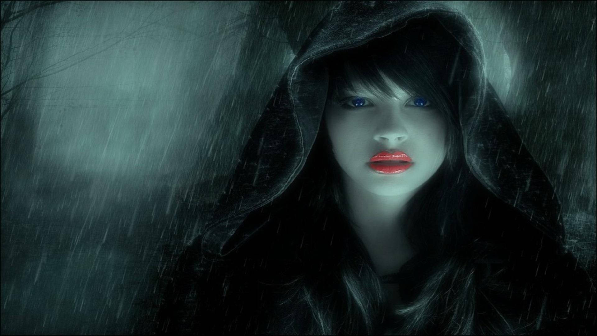 Dark Girl In Rainy Forest Wallpaper