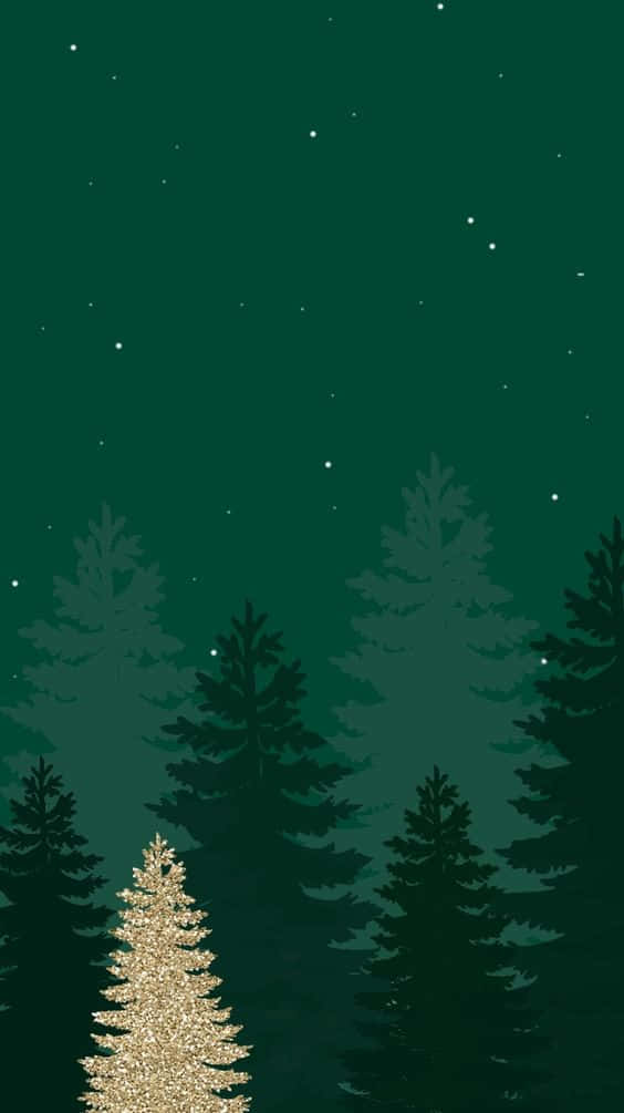 Christmas Pine Trees On Starry Dark Green Wallpaper